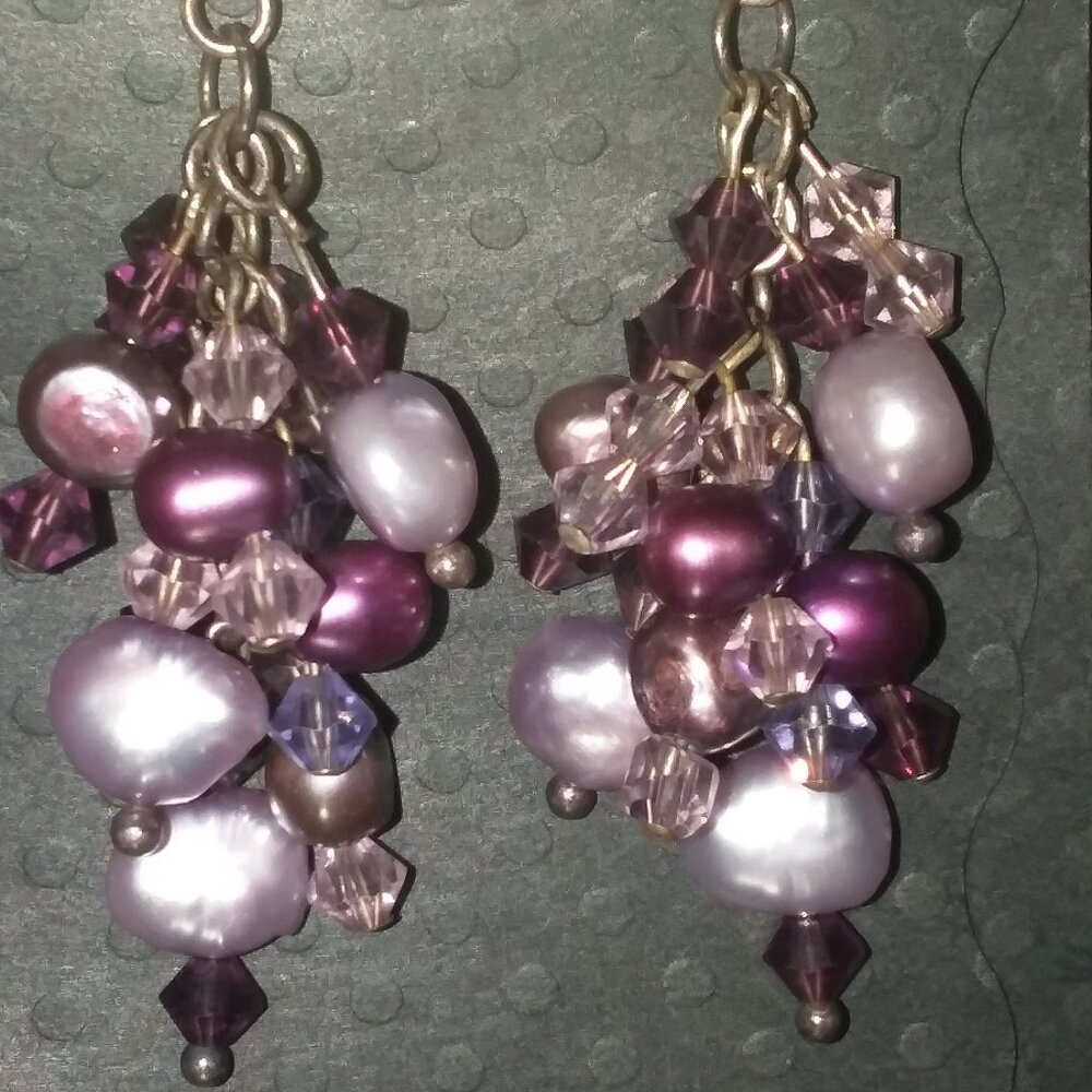 Dangling  Purple and lilac Freshwater Pearl and Crystal  Earrings